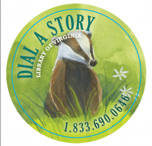 Dial a story 1.833.690.0646. A cartoon badger sitting in a field of grass