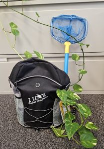 Backpack, fishing net and ivy